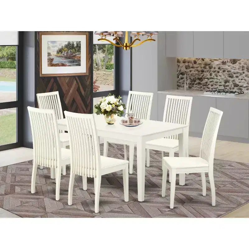 HomeStock Set di 7 Pezzi: Tavolo da Pranzo con Piano in Legno Massello Finitura Bianco Lino e 6 Sedie