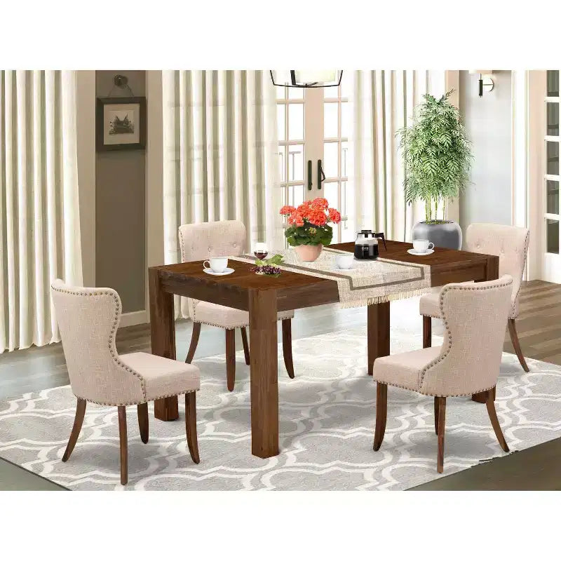 Set da pranzo rettangolare a 5 pezzi con parte superiore in legno massiccio multicolore con bottoni trapuntati - 4 posti a sedere
