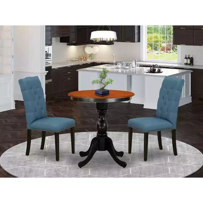 Set da pranzo in 3 pezzi con piano in legno massello finitura nera e ciliegio - Sedute trapuntate con bottoni rotondi - Posti a sedere per 4 persone
