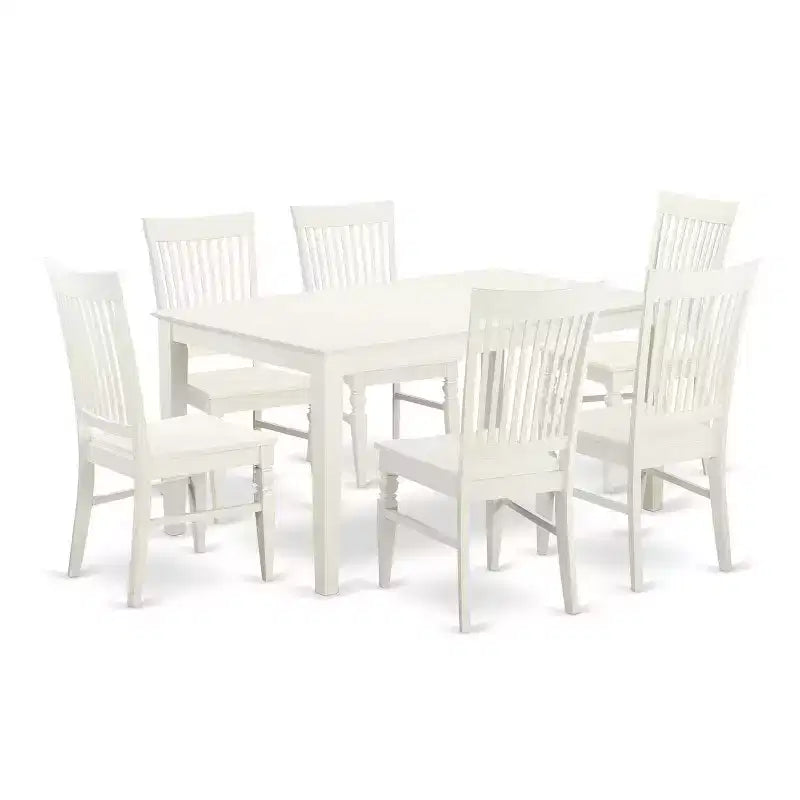 HomeStock 7-Piece Linen White Finish Solid Wood Top Dining Table with 6 Chairs