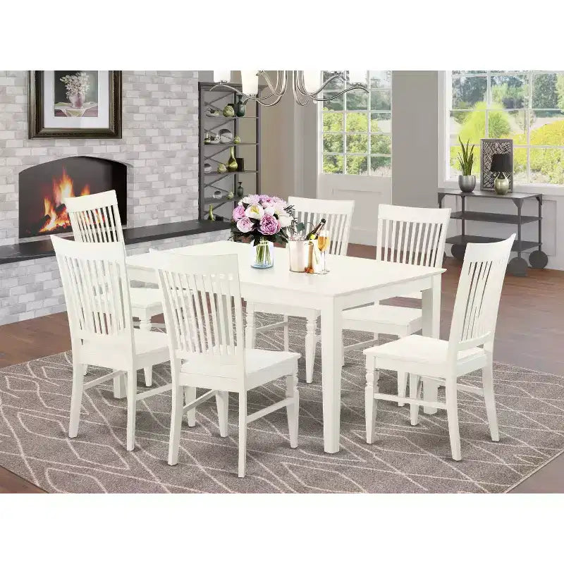 HomeStock Tavolo da Pranzo 7 Pezzi in Legno Massello Finitura Bianco Lino con 6 Sedie