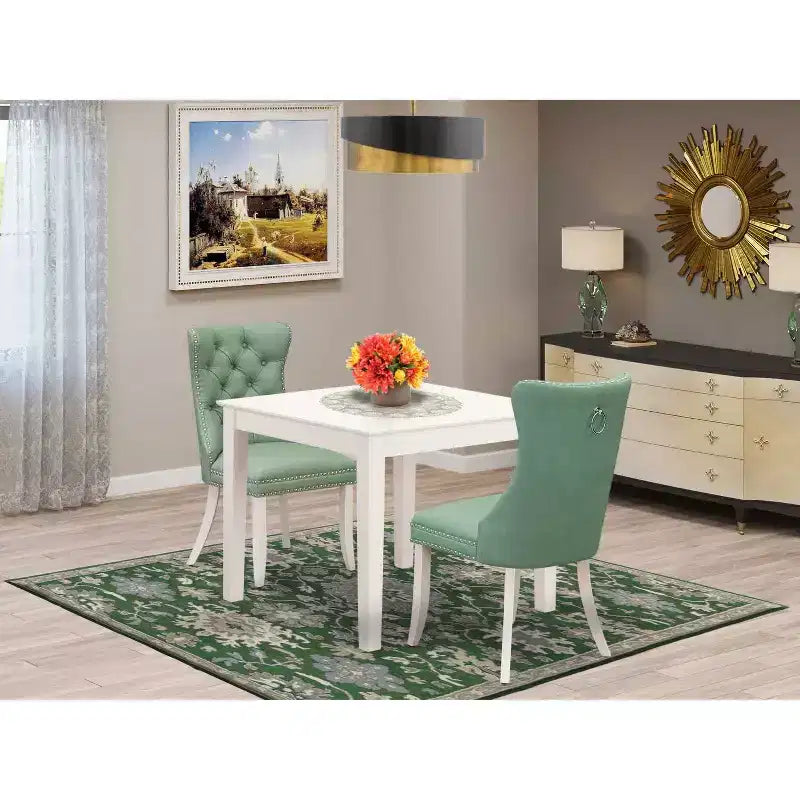 Set tavolo da pranzo HomeStock 3 pezzi, finitura lino bianco, piano quadrato in legno massello