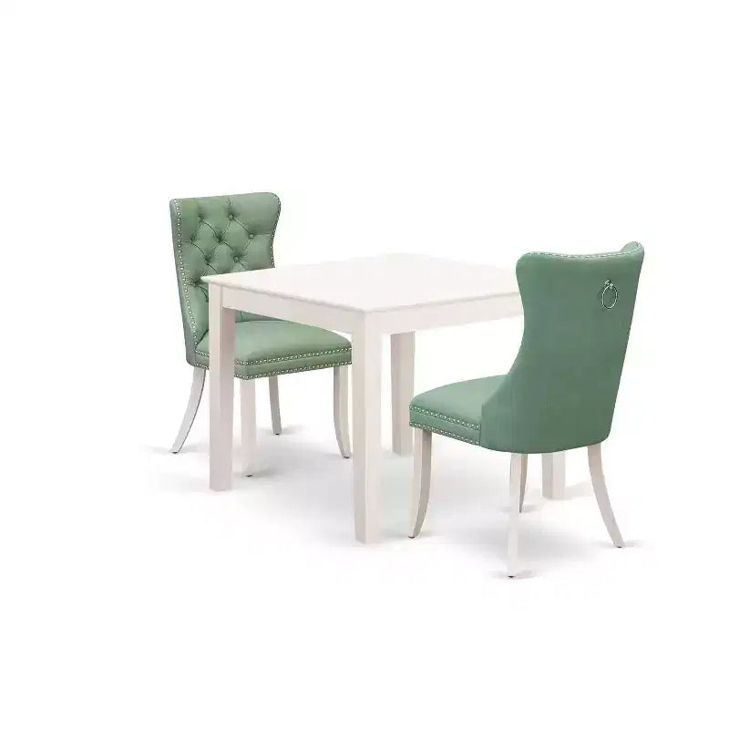 Set tavolo da pranzo HomeStock 3 pezzi, finitura lino bianco, piano quadrato in legno massello