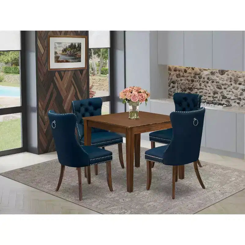Set da pranzo 5 pezzi in legno massello con finitura noce antico - Top quadrato rivestito - 4 posti