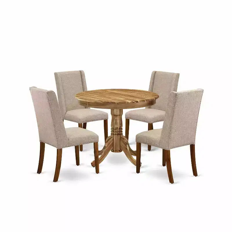HomeStock 5-Piece Round Natural Oak Finish Solid Wood Top Dining Table with 4 Parson Chair
