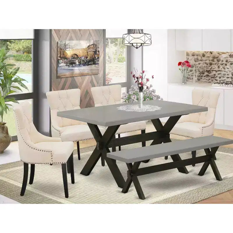 HomeStock - Tavolo da pranzo rettangolare a 6 posti in legno massello con finitura in rovere naturale, con 1 panca e 4 sedie