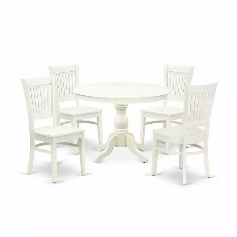 HomeStock 5-Piece Round Linen White Finish Solid Wood Top Dining table with 4 Chairs with Slat Back