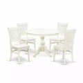 HomeStock 5-Piece Round Linen White Finish Solid Wood Top Dining table with 4 Chairs with Slat Back