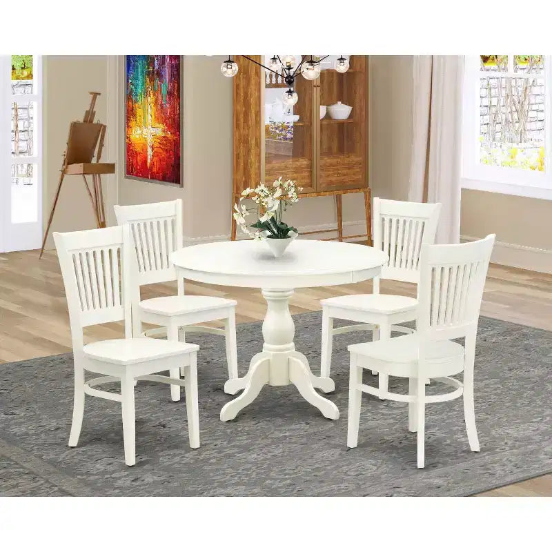 HomeStock set da pranzo 5 pezzi: tavolo rotondo con finitura lino bianco e piano in legno massello con 4 sedie con schienale a doghe
