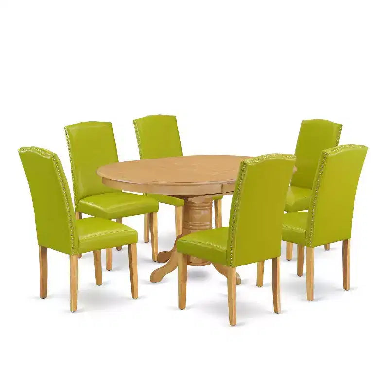 Dinette Set 7Pc Oval Table w/ Leaf & 6 Chairs - Tuscan Style - Green PU Leather - 42-60