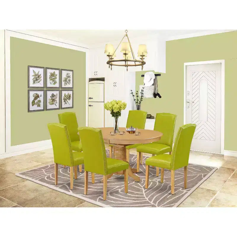 Set Dinette 7 pz Tavolo ovale con prolunga e 6 sedie - Stile Toscano - Similpelle verde - 42-60