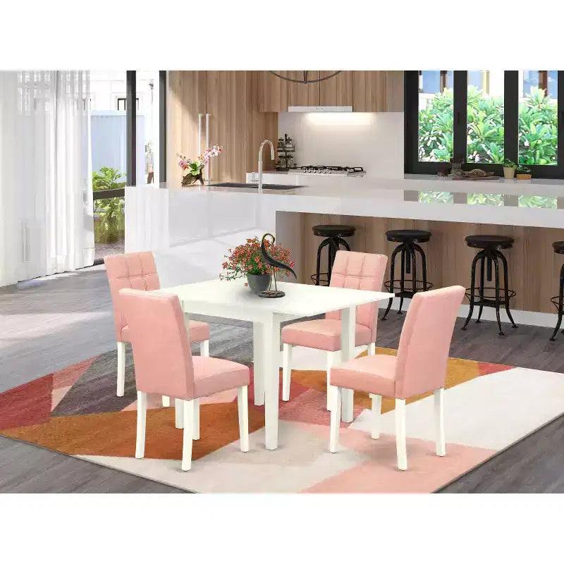 Set da pranzo rettangolare in legno massello con piano in lino bianco a 5 pezzi (4 posti a sedere)
