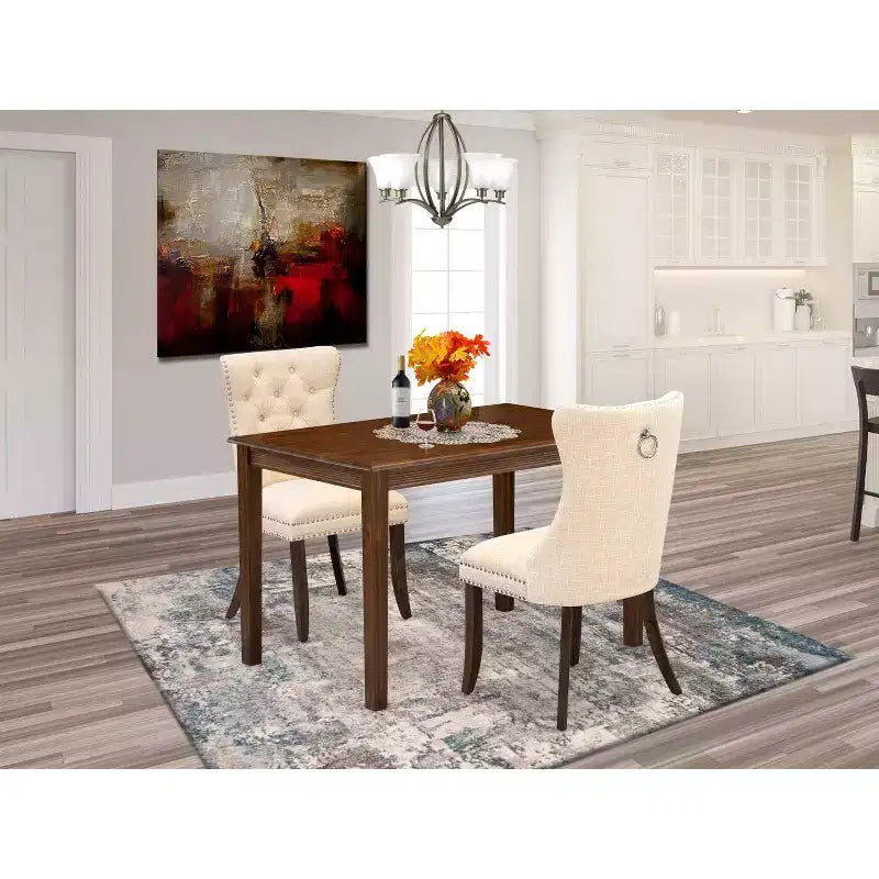 Set tavolo da pranzo HomeStock a 3 pezzi con piano rettangolare in legno massello e finitura noce antico