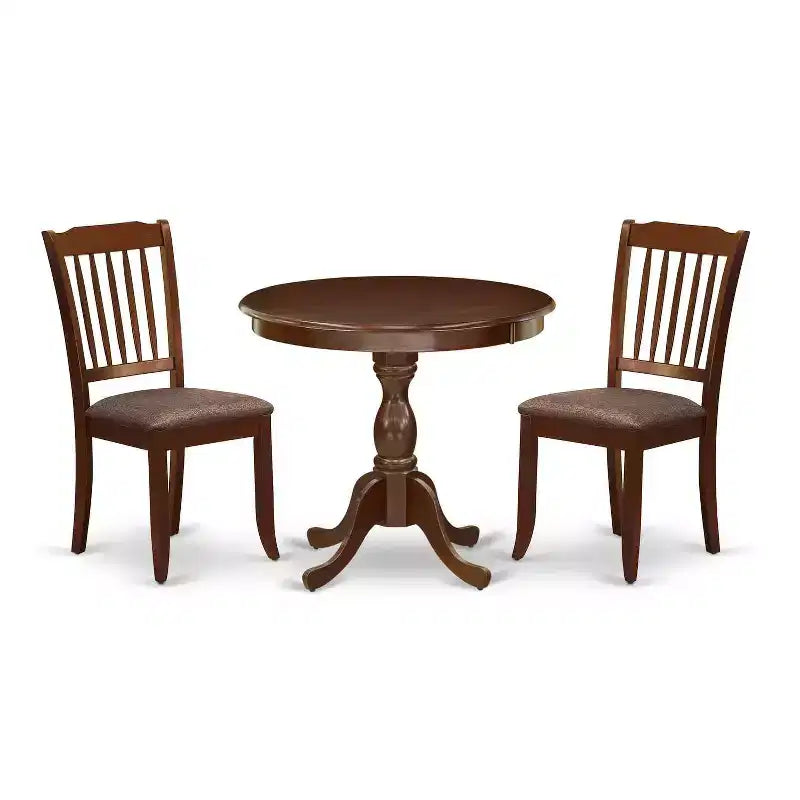 3-Piece Mahogany Finish Solid Wood Top - Round Dining Room Set - Seats 4