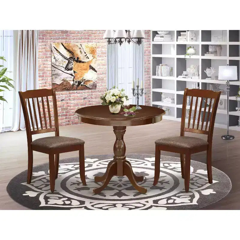 Set da pranzo rotondo a 3 pezzi con piano in legno massello finitura mogano - 4 posti a sedere