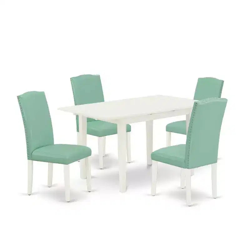HomeStock 5-Pc Linen White Finish Solid Wood Top - Rectangular Upholstered Dining Room Set with Butterfly Leaf - Seats 4