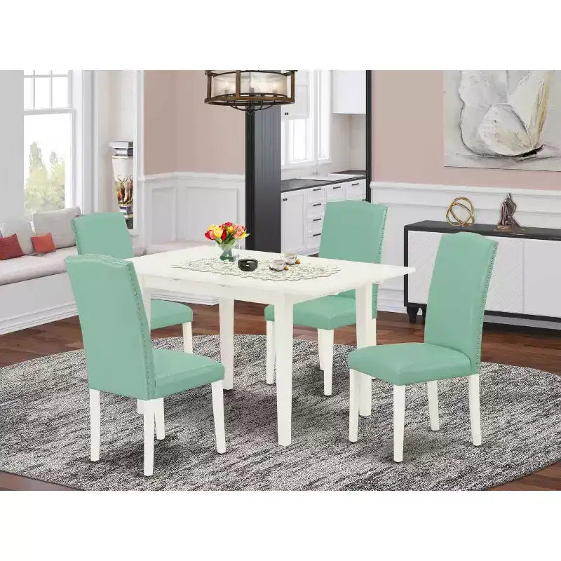 HomeStock Set da Pranzo Rettangolare Imbottito a 5 Pezzi con Finitura Lino Bianco e Piano in Legno Massello con Prolunga a Farfalla - Posti a Sedere per 4