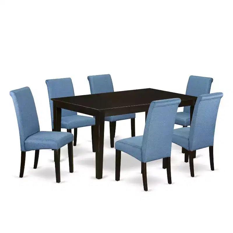 Kitchen Table Set 7pc Gothic Glamour Dining Table Linen Blue Chairs Cappuccino Legs