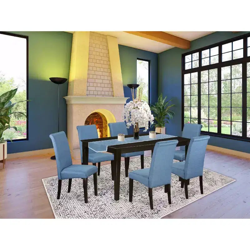 Set Tavolo da Cucina 7 Pezzi Gotico Glamour Tavolo da Pranzo Lino Sedie Blu Gambe Cappuccino