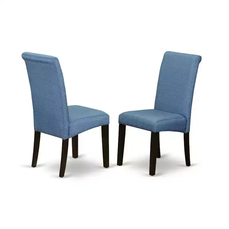 Set Tavolo da Cucina 7 Pezzi Gotico Glamour Tavolo da Pranzo Lino Sedie Blu Gambe Cappuccino