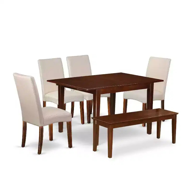 HomeStock 6-Piece Rectangle Mahogany Finish Solid Wood Top Dining Table with 1 Bench, 4 Chairs
