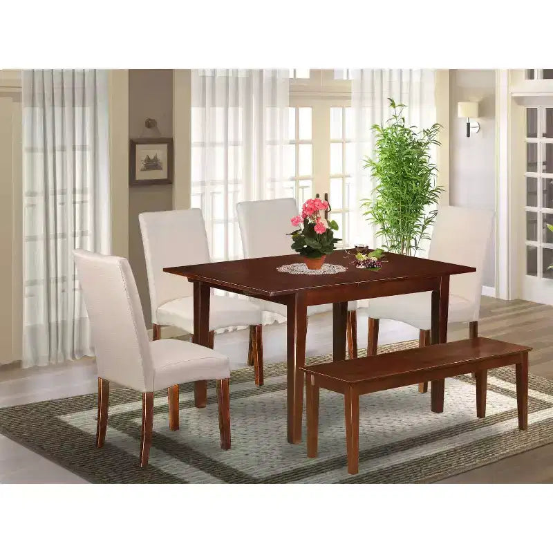 HomeStock Tavolo da pranzo a 6 posti con top in legno massello e finitura mogano, con 1 panca e 4 sedie