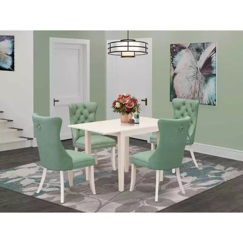 Set sala da pranzo rettangolare imbottito a 5 pezzi con piano in legno massello e finitura bianca lino - 4 posti a sedere
