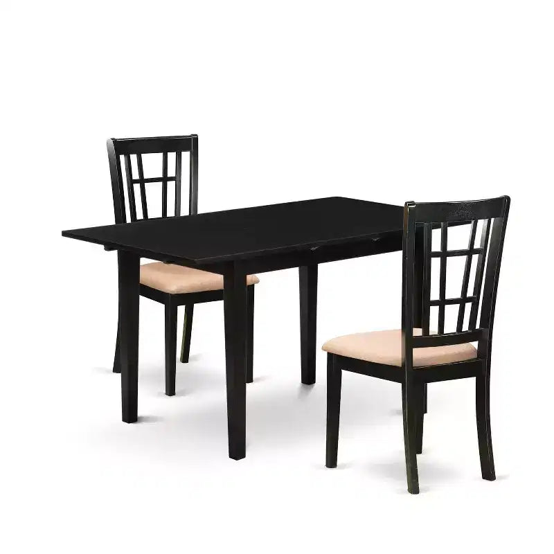 HomeStock 3-Pc Black Finish Rectangular Solid Wood Top with Butterfly Leaf Dining Table Set