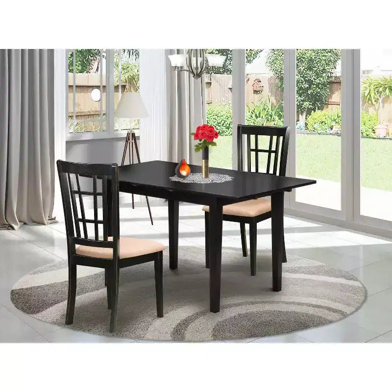 HomeStock Set tavolo da pranzo rettangolare 3 pezzi con piano in legno massello finitura nera e prolunga a farfalla
