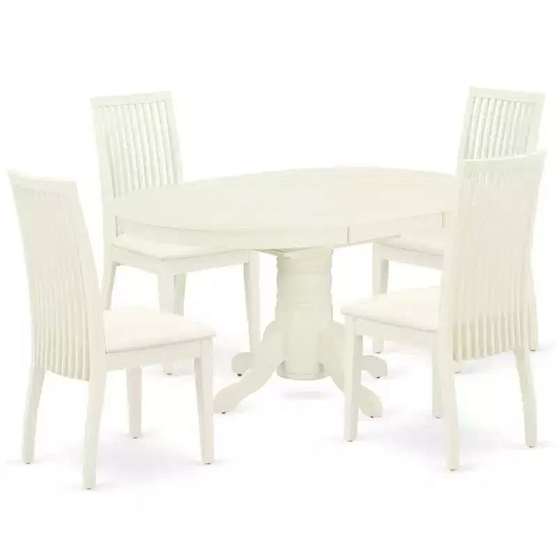 HomeStock 5-Piece Oval Linen White Finish Solid Wood Top Dining table with 4 Chairs with Butterfly Leaf