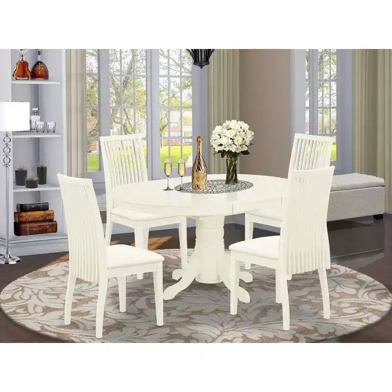 HomeStock Tavolo da pranzo ovale a 5 pezzi, con ripiano in legno massiccio, finitura bianco lino, e 4 sedie con prolunga a farfalla