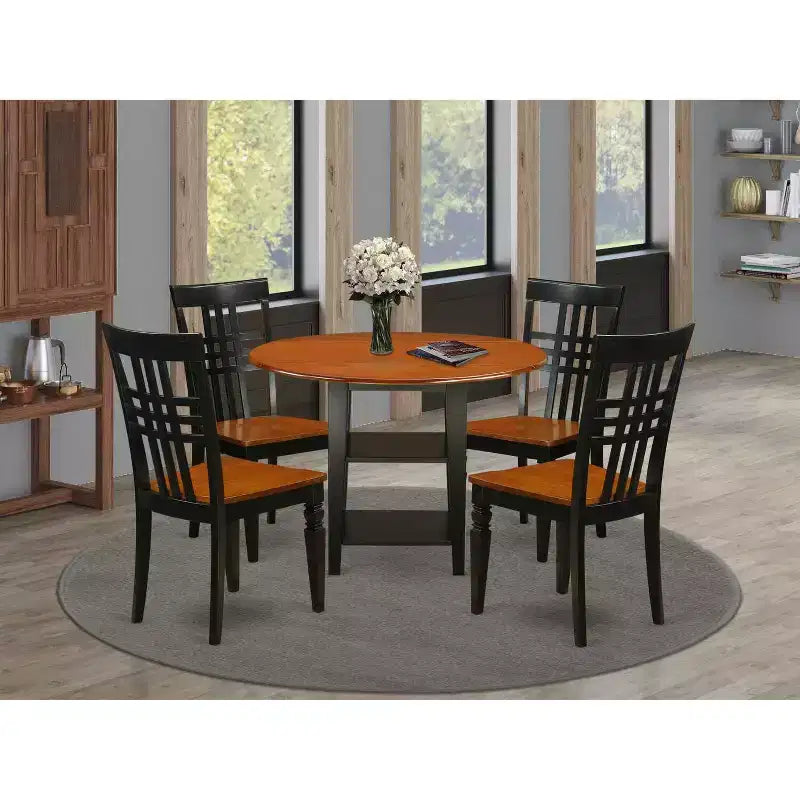 HomeStock Set da Pranzo Rotondo da 5 Pezzi con Piano in Legno Massello Finitura Nera e Ciliegio - 4 Posti