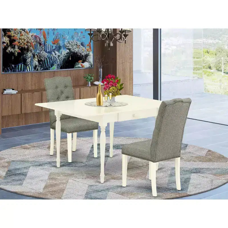 Set da pranzo HomeStock 3 pezzi con tavolo rettangolare con piano in legno massello finitura bianco lino e a ribalta