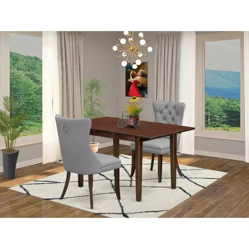 Set da tavolo da pranzo HomeStock in 3 pezzi con piano rettangolare in legno massello con finitura mogano e prolunga a farfalla