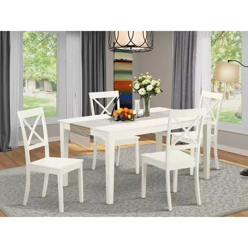 HomeStock Set tavolo da pranzo con piano in legno massello e 4 sedie, finitura bianco lino, 5 pezzi