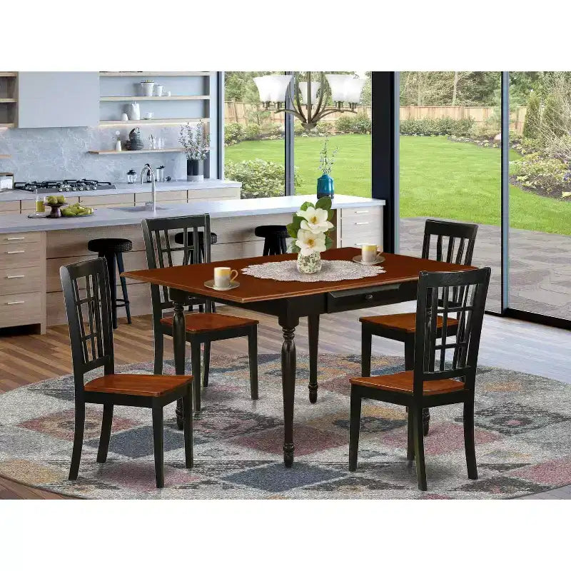 Set da pranzo 5 pezzi in legno massello con finitura nera e ciliegio - (4 posti)