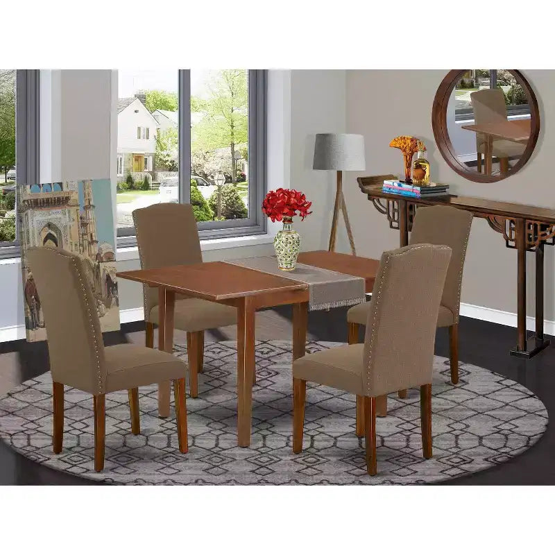 Set da tavola rettangolare da cucina, 5 pezzi, stile sud-occidentale, con sedie in tessuto di lino, caffè scuro