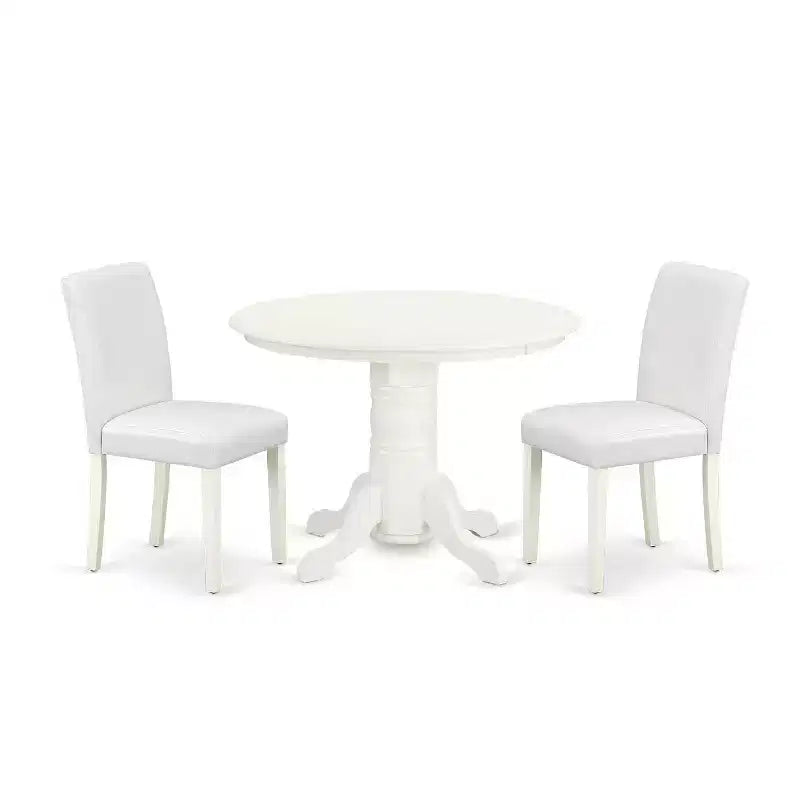 Round Dining Table Set 3pc - 42 Inch Table & 2 Parsons Chairs - White PU Leather & Linen Legs