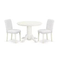 Round Dining Table Set 3pc - 42 Inch Table & 2 Parsons Chairs - White PU Leather & Linen Legs
