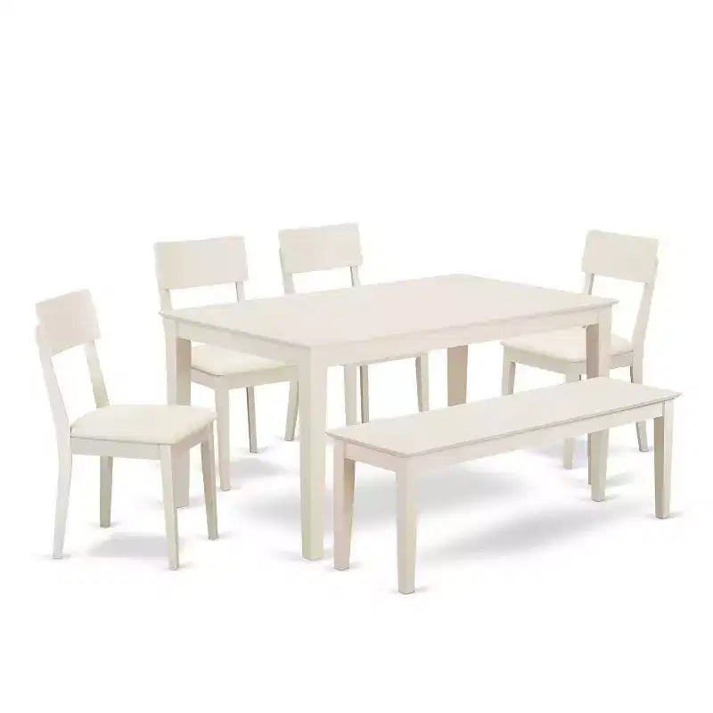 Nordic Kitchen Table Set - 6 Piece Dining Table with Bench & Chairs - Linen White Farmhouse Style