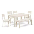 Nordic Kitchen Table Set - 6 Piece Dining Table with Bench & Chairs - Linen White Farmhouse Style