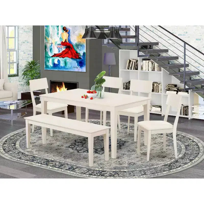 Set tavolo da cucina nordico - Tavolo da pranzo a 6 posti con panca e sedie - Stile rustico bianco lino