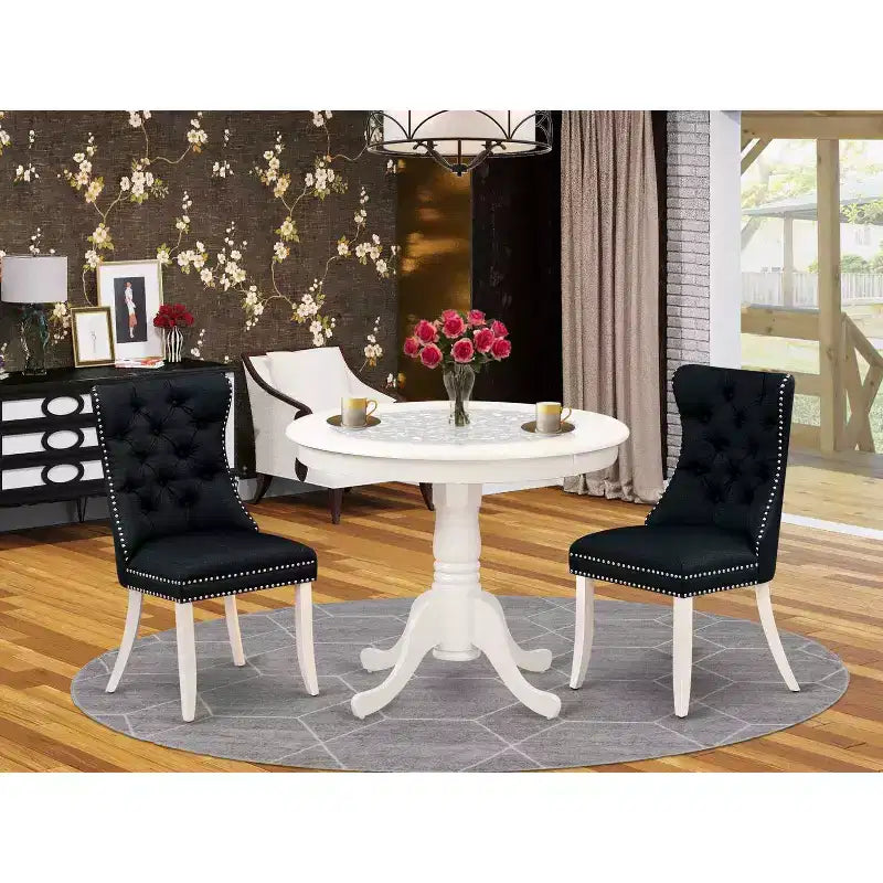 Set da pranzo rotondo imbottito 3 pezzi in legno massello finitura bianco lino - 4 posti a sedere