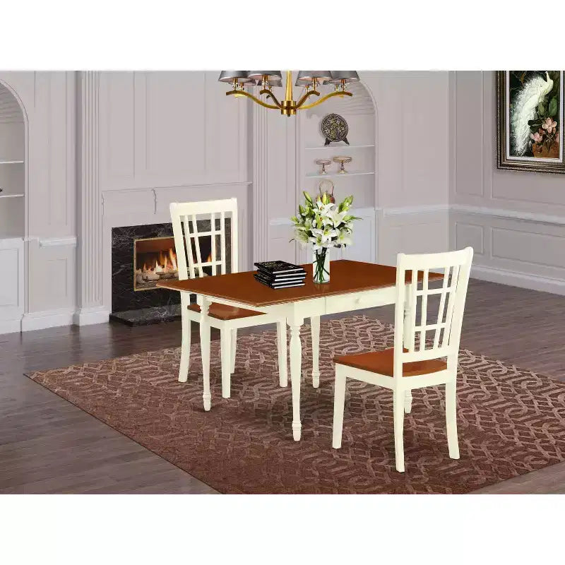 HomeStock Set da Pranzo 3 Pezzi con Tavolo Dropleaf Top in Legno Massello Finitura Buttermilk e Ciliegio