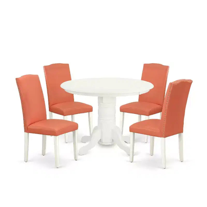 HomeStock 5-Piece Round Linen White Finish Solid Wood Top Dining Table with 4-Parson Chair