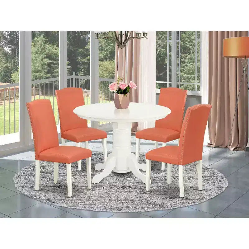 HomeStock Set da pranzo da 5 pezzi con tavolo rotondo, piano in legno massello con finitura bianca lino e 4 sedie Parson