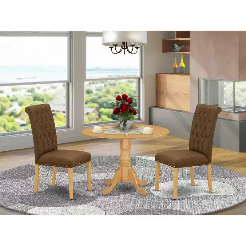 HomeStock Set da Pranzo 3 Pezzi con Tavolo Rotondo in Legno Massello Finitura Rovere Naturale e 2 Sedie Parson con Ribalta