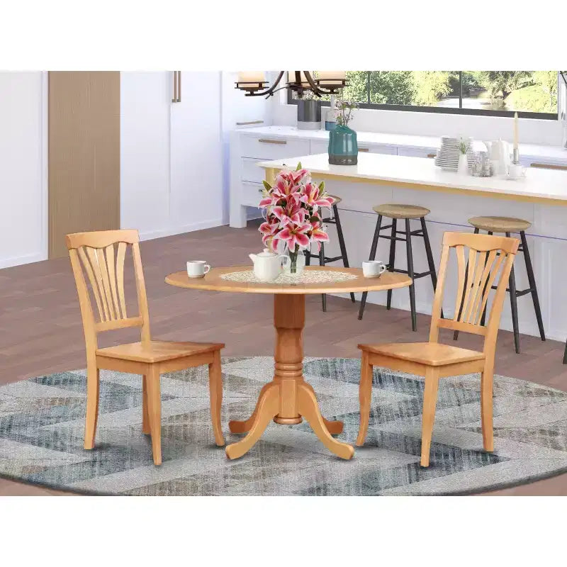 Set tavolo da pranzo con 2 sedie, tavolo da cucina rotondo con piano a ribalta, legno di caucciù massiccio, finitura marrone sella, 42x42 pollici
