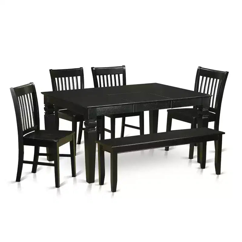 HomeStock 6-Piece Rectangle Black Finish Solid Wood Top dining Table with 1 Bench and 4 Chairs