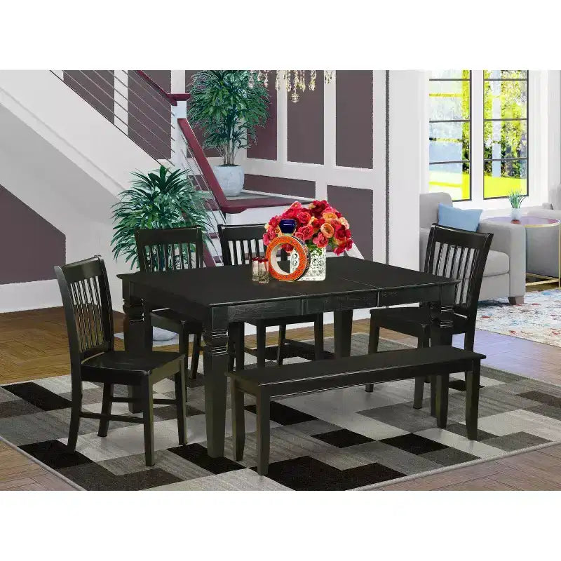 HomeStock Tavolo da pranzo rettangolare a 6 pezzi con piano in legno massiccio nero e 1 panca e 4 sedie